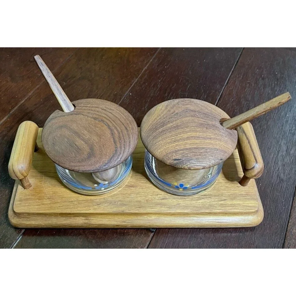 Vintage Teak Wood & Glass Condiment Set With Tray Lids & Spoons by Goodwood - Picture 9 of 10